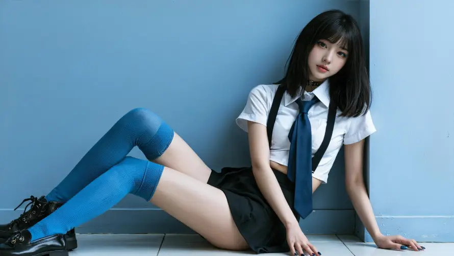 3k制服壁纸-学院风和坐姿-蓝色背景壁纸分享「哲风壁纸」