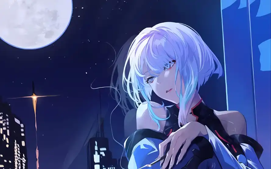 4k夜晚壁纸 - 少女 - 月亮 - 短发「哲风壁纸」