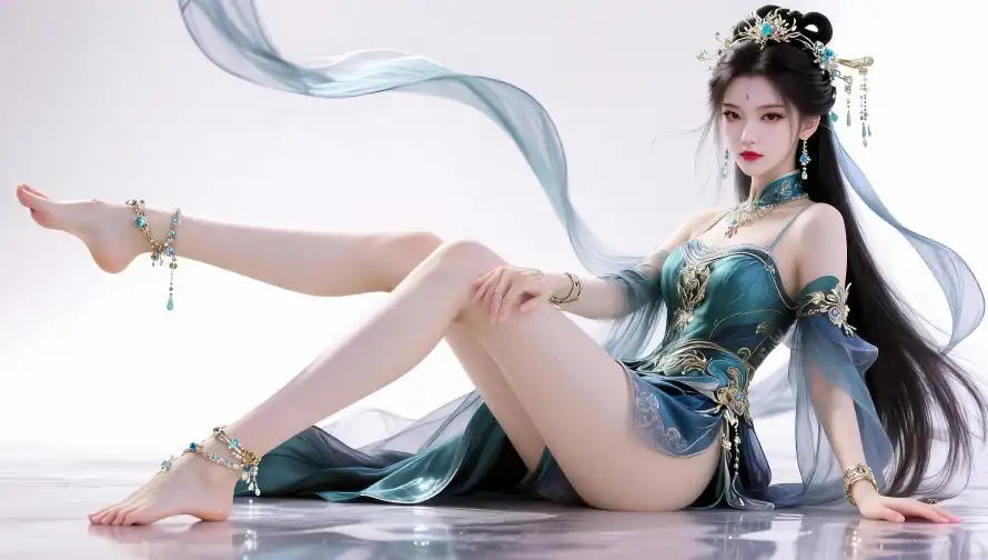 3k仙侠壁纸-青绿裙与发饰-古风美女壁纸分享「哲风壁纸」