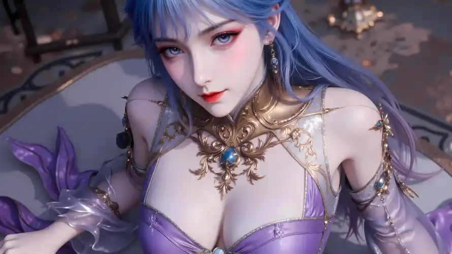 4k3D壁纸 - 红唇 - 耳环 - 蓝发「哲风壁纸」