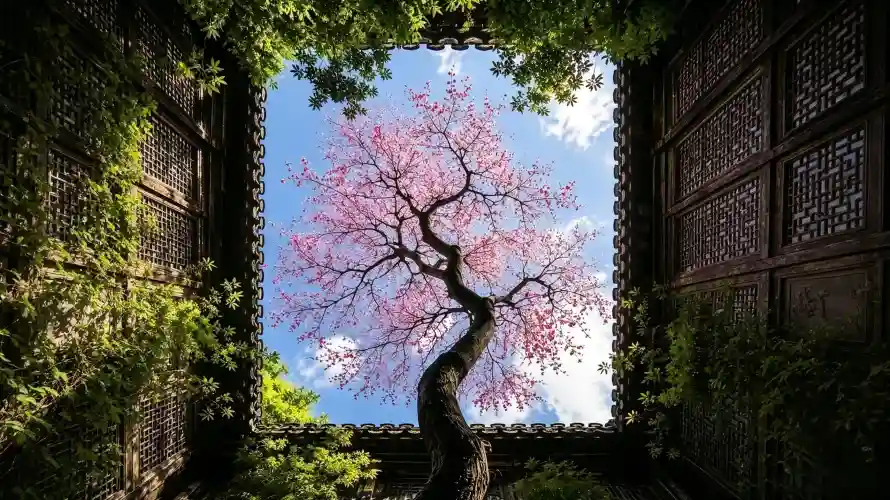 3k壁纸壁纸-古建筑和庭院-粉色花树免费下载「哲风壁纸」