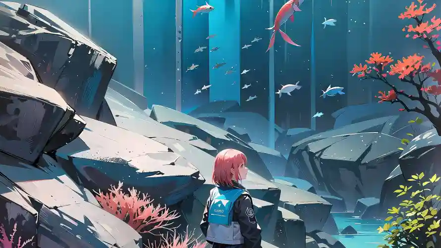 4k岩石壁纸 - 插画 - 水下 - 红枫「哲风壁纸」