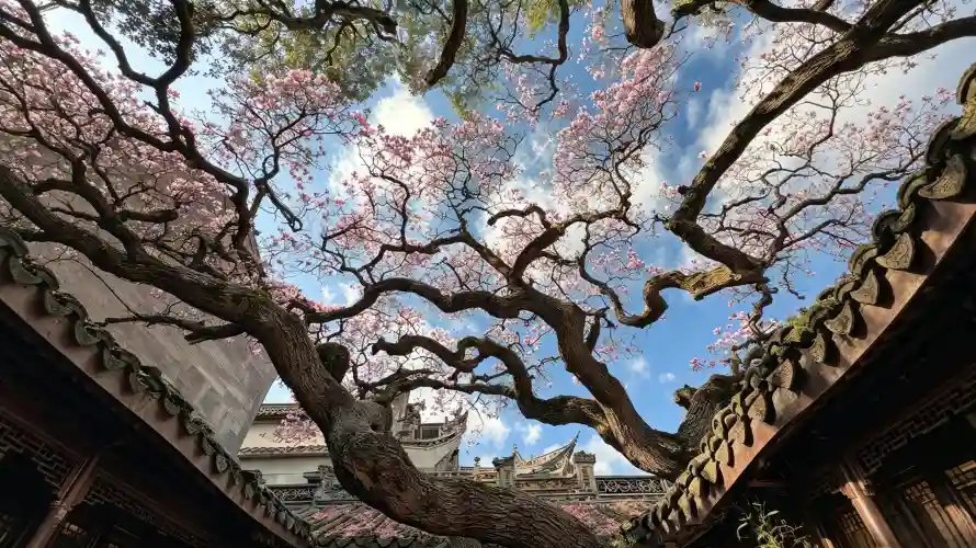 3k古宅壁纸-中式建筑壁纸和古巷-粉色花朵免费下载「哲风壁纸」