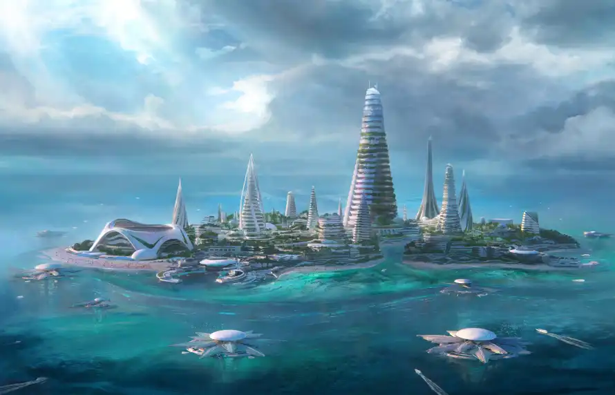 4k云层壁纸-科技感与大海-未来城市热门的壁纸「哲风壁纸」