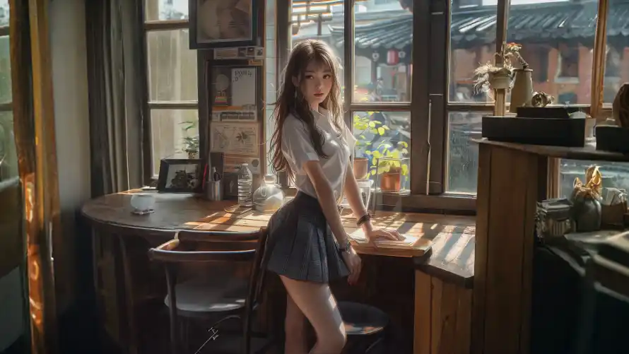 4k人像壁纸-咖啡店和写真-jk制服壁纸推荐「哲风壁纸」