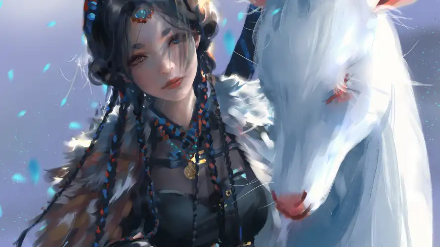 2k插画壁纸-冷色调壁纸和白狐-珠宝配饰壁纸分享「哲风壁纸」