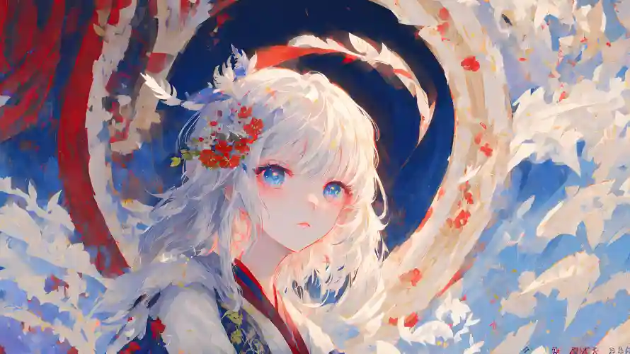 2k红发带壁纸-蓝眼睛壁纸和动漫少女-日系插画「哲风壁纸」