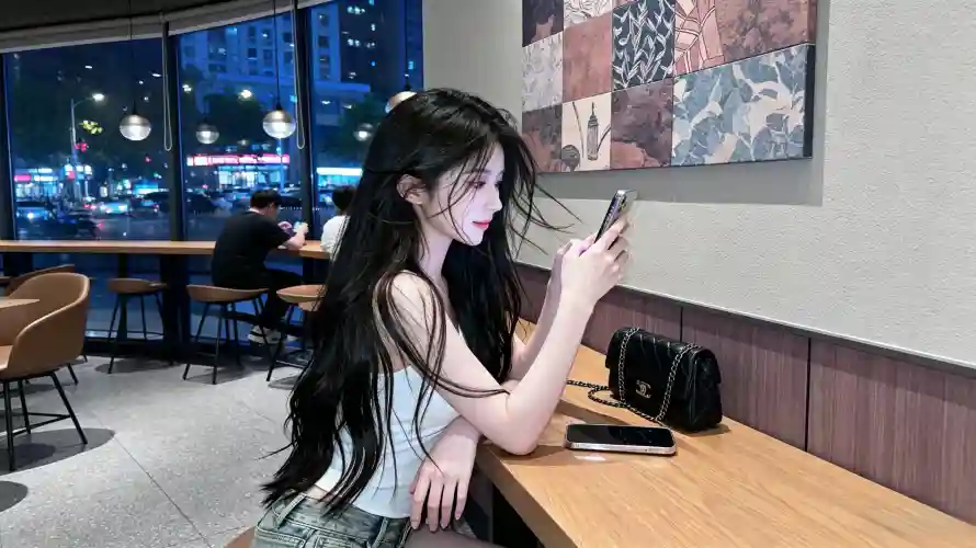 3k休闲壁纸-咖啡厅与吊带-长发美女免费下载「哲风壁纸」
