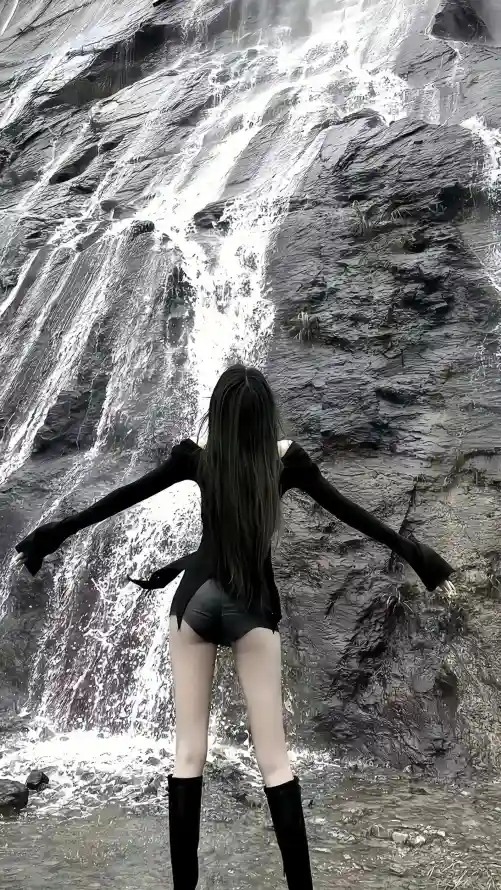 4k岩石壁纸 - 户外 - 瀑布 - 美女「哲风壁纸」