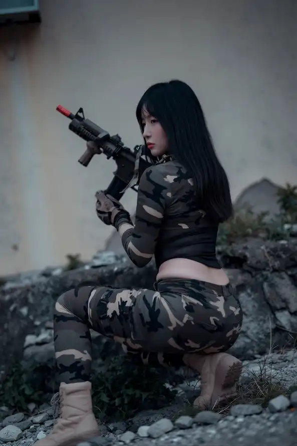 4k女兵壁纸 - 户外 - 步枪 - 蹲姿「哲风壁纸」