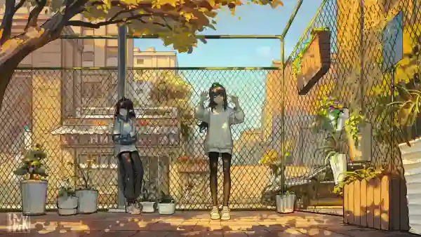 4k栅栏壁纸-微笑着和植物-动漫女孩免费下载「哲风壁纸」