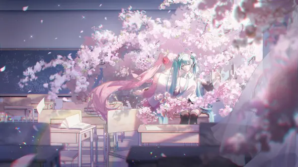 5k樱花壁纸-双马尾壁纸和花瓣-初音未来壁纸推荐「哲风壁纸」
