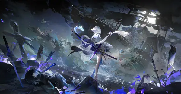 3k帆船壁纸-武士刀与水-白色的头发免费下载「哲风壁纸」