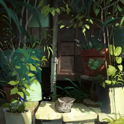 4k动物壁纸 - 猫 - 树叶 - 花盆「哲风壁纸」