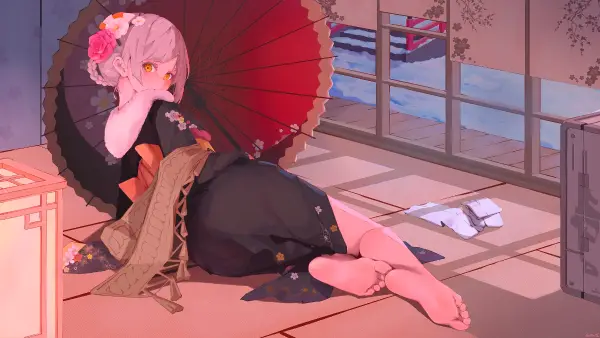 4k侧卧壁纸 - 伞 - 脚 - 和服「哲风壁纸」