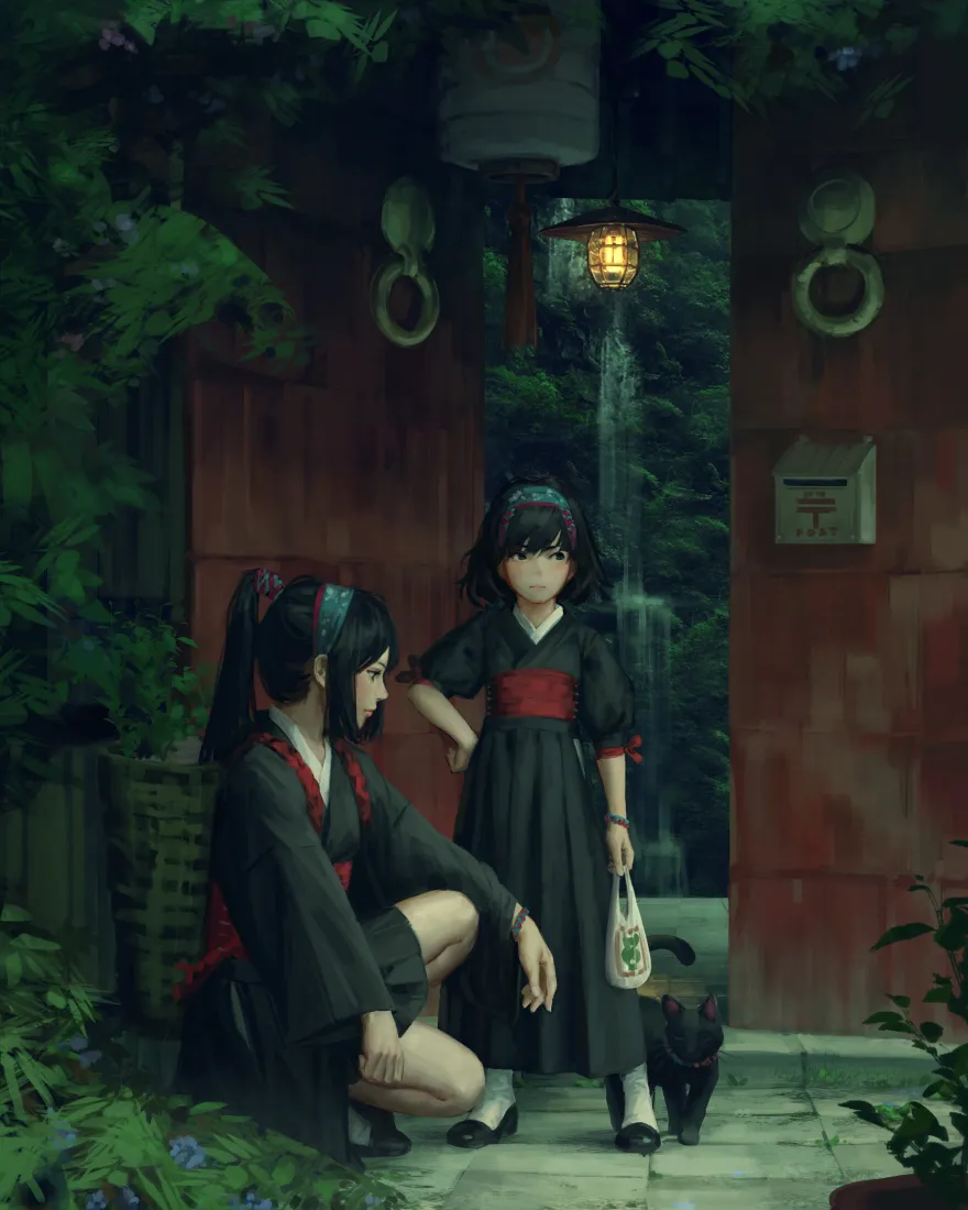 《绿植》手机壁纸-姐妹背景-黑裙-和服「哲风壁纸」