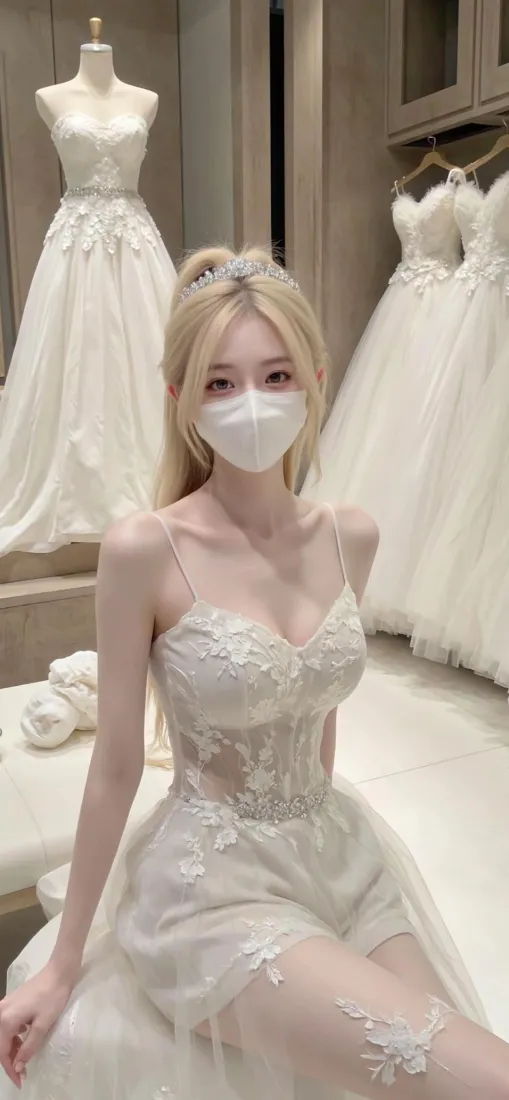 戴口罩的美女身着婚纱壁纸｜优雅背景图片 - 婚纱美女「哲风壁纸」