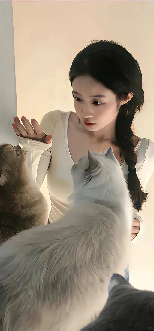 美女与猫咪互动壁纸｜可爱背景图片 - 小清新「哲风壁纸」