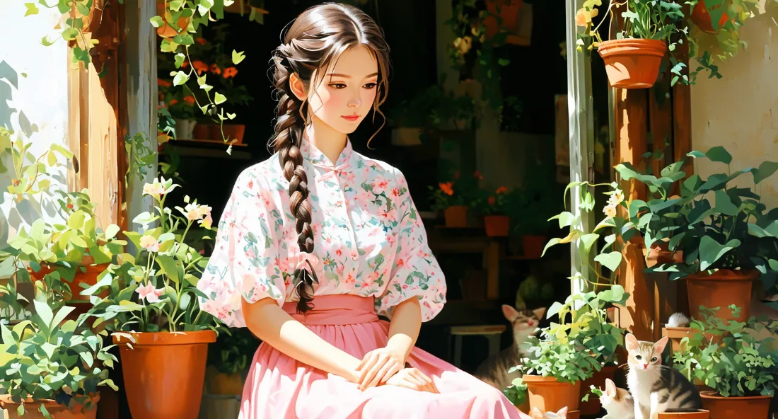 2k清纯美女绿植背景图片 - 端庄淑女风「哲风壁纸」