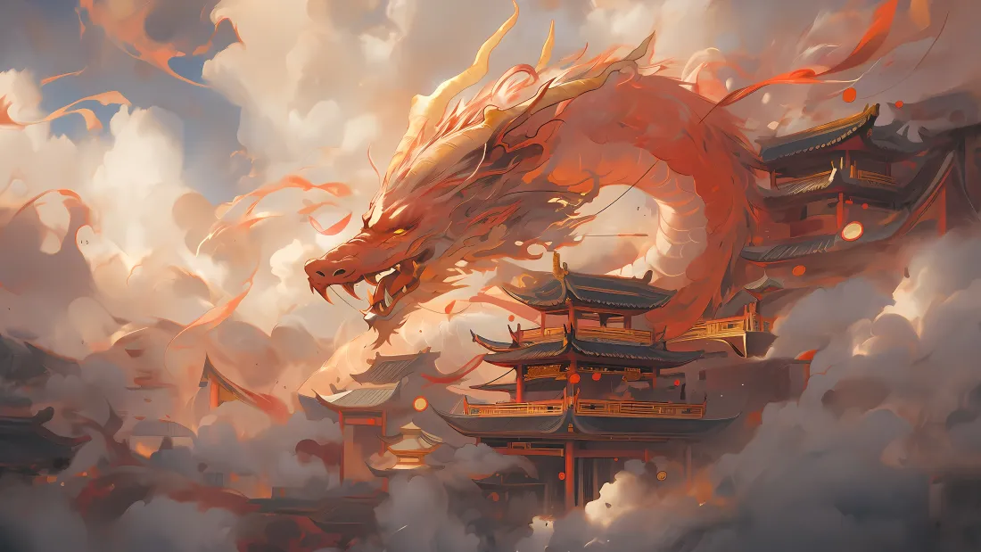 4kAI中国龙壁纸｜古风建筑背景图片 - 奇幻风「哲风壁纸」