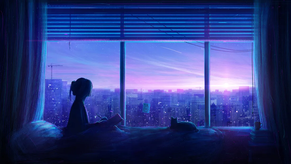 5k动漫夜景壁纸｜女孩与猫在窗前背景图片「哲风壁纸」