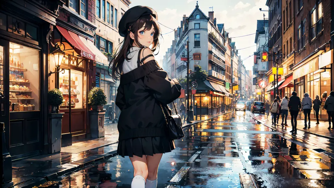 8kAI少女壁纸｜雨中街道背景图片 - 唯美漫步「哲风壁纸」