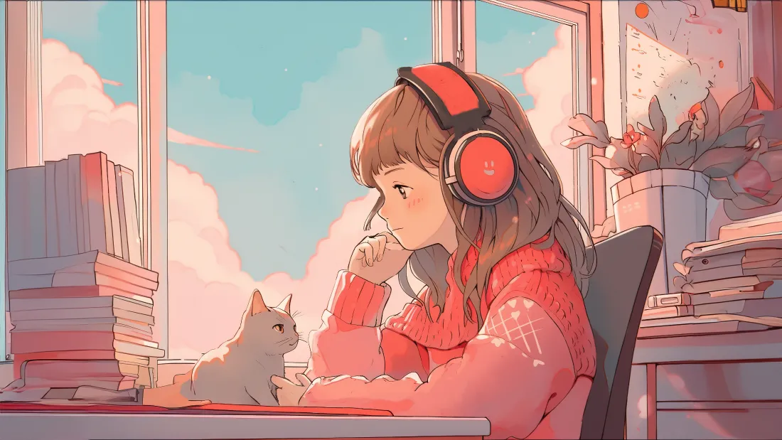 4k少女动漫壁纸｜戴耳机少女与萌宠背景图片 - 超治愈「哲风壁纸」