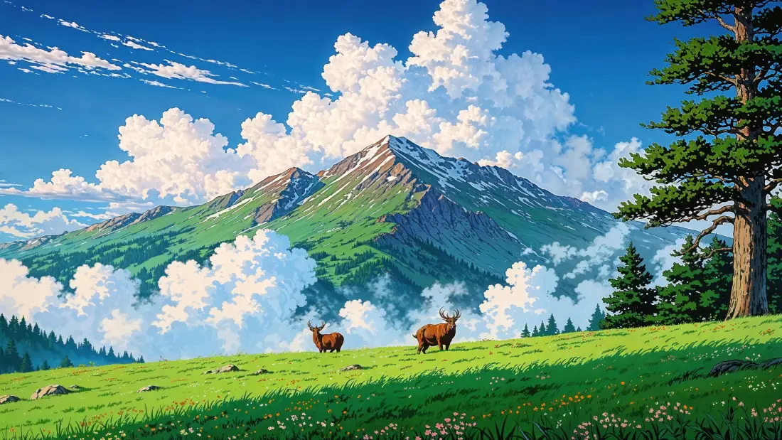 4k动漫风景壁纸｜自然背景图片 - 山景与鹿「哲风壁纸」