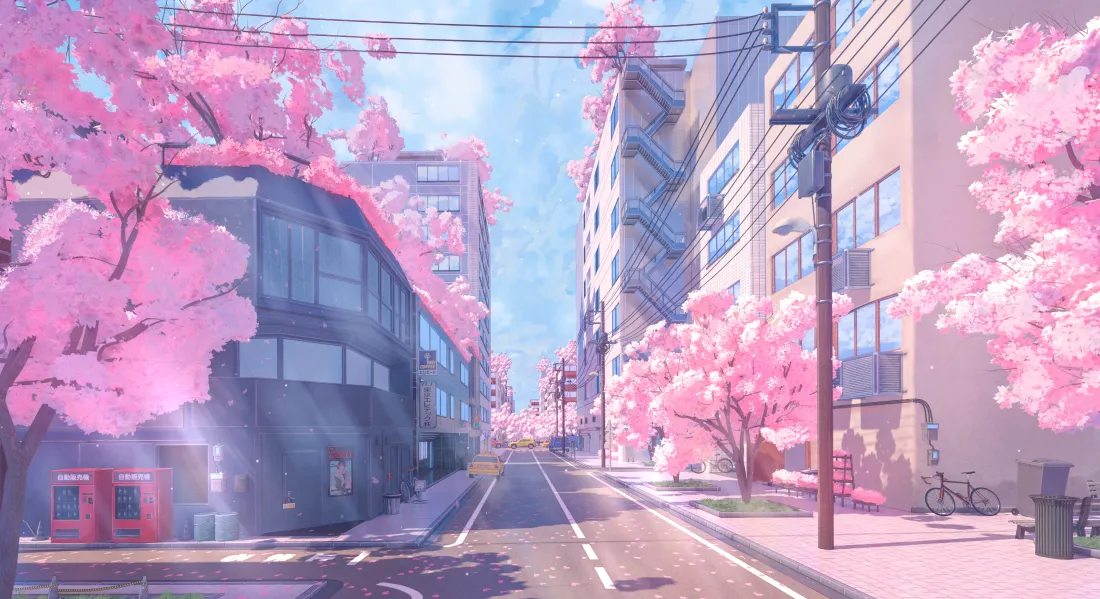 4k樱花街道插画｜唯美风景背景图片 - 治愈系「哲风壁纸」