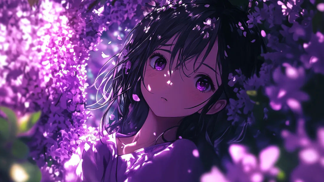 5k少女动漫壁纸｜紫色花丛背景图片 - 梦幻风「哲风壁纸」
