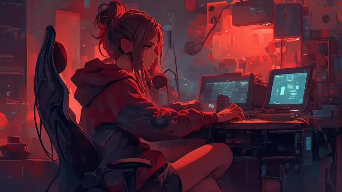 6kAI少女壁纸｜二次元少女电脑前工作背景图片「哲风壁纸」