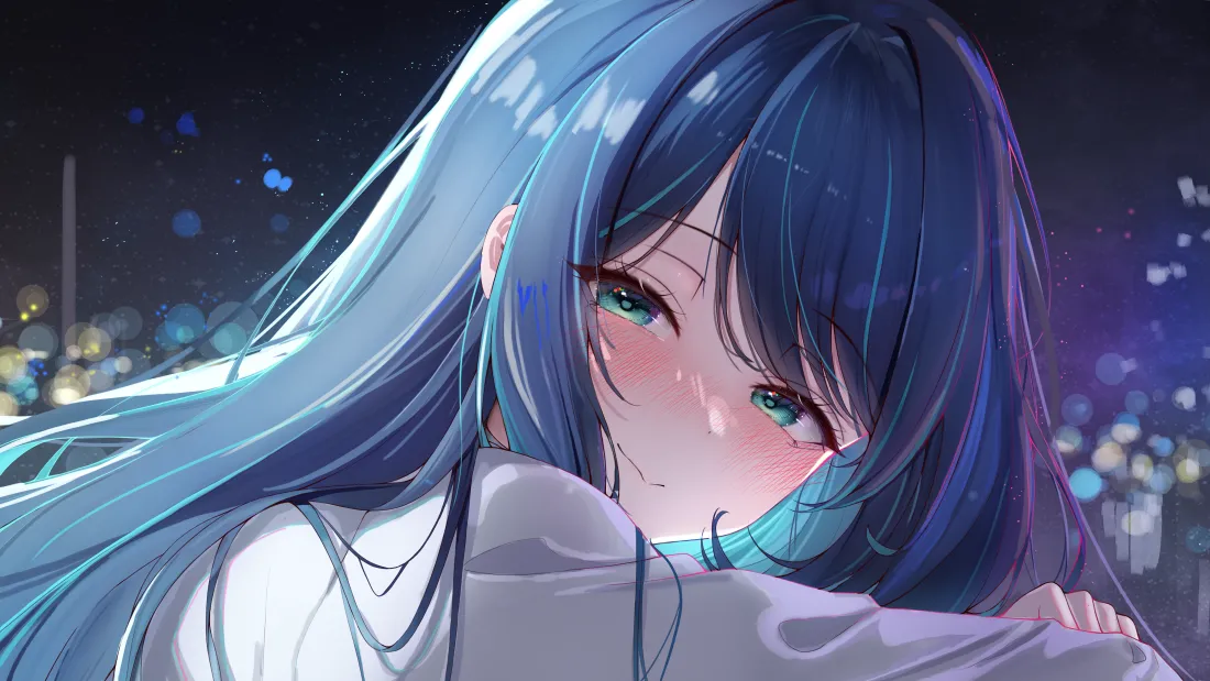 4k蓝发少女壁纸｜夜景背景图片 - 二次元「哲风壁纸」