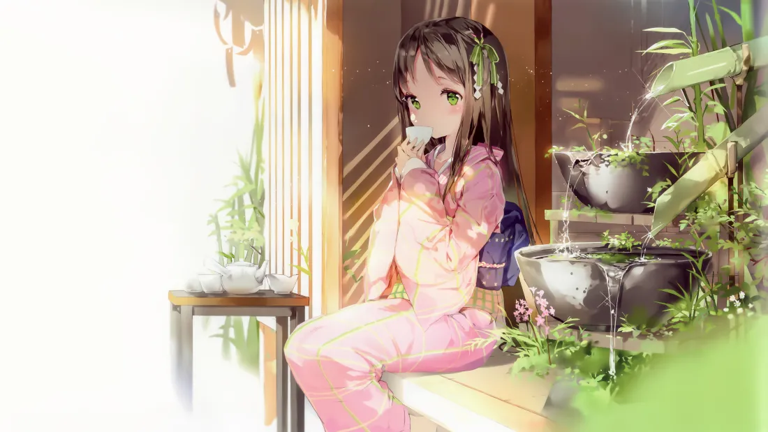 4k日系少女壁纸｜绿植茶室背景图片 - 二次元「哲风壁纸」