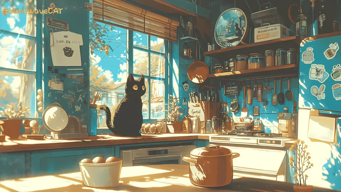4k黑猫厨房壁纸｜温馨厨房背景图片 - 阳光窗台「哲风壁纸」