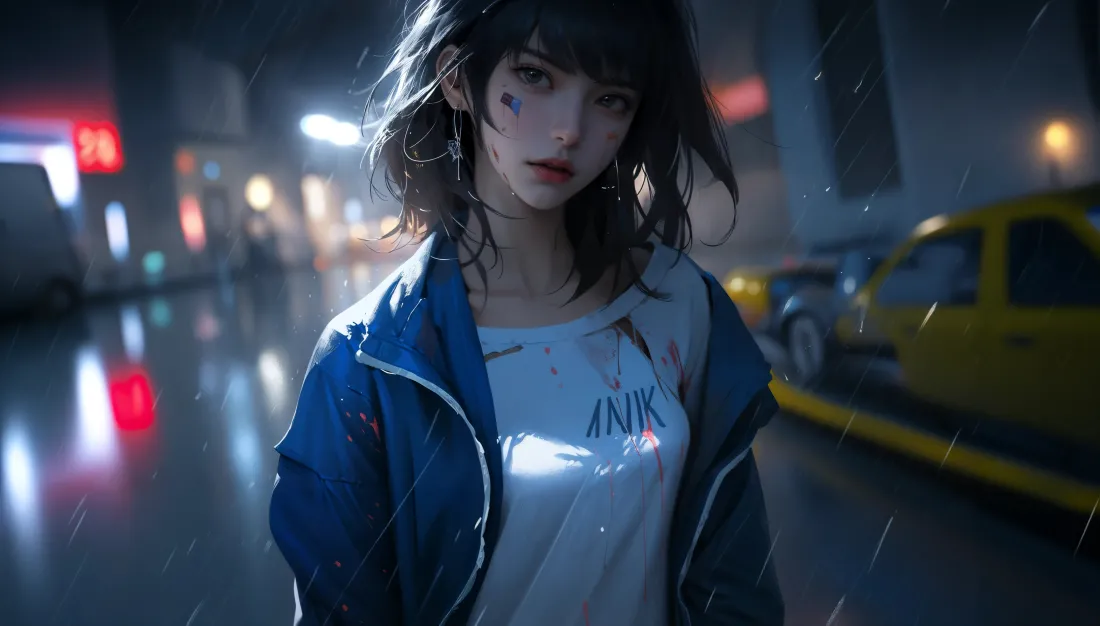 5k女孩壁纸｜雨中城市背景图片 - 夜景插画「哲风壁纸」