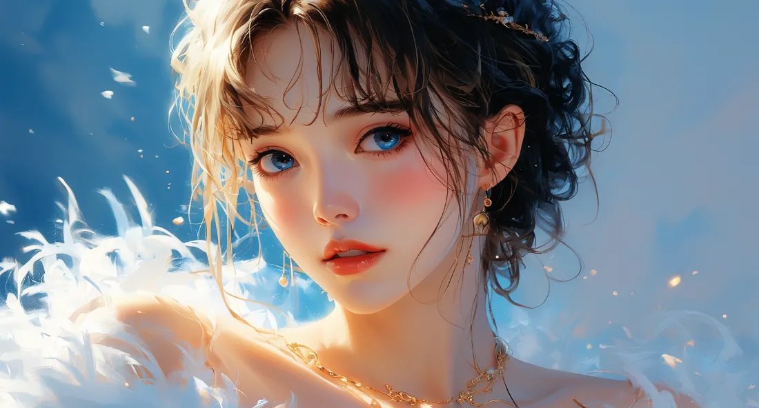 2k黑发御姐壁纸｜羽毛背景图片 - 蓝眼美女「哲风壁纸」
