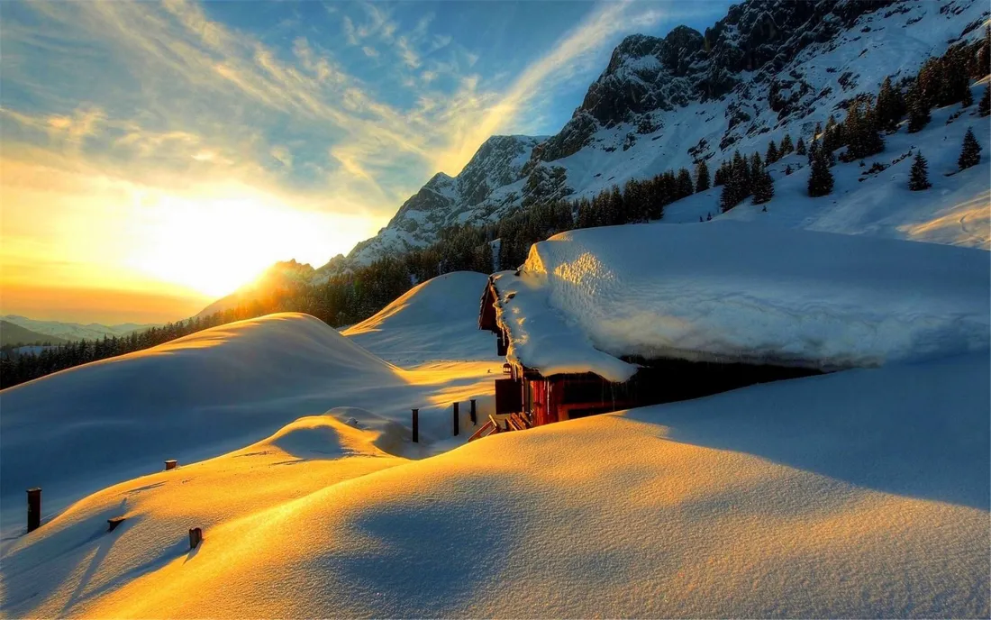 2k雪山日落壁纸｜雪原夕阳背景图片 - 自然「哲风壁纸」