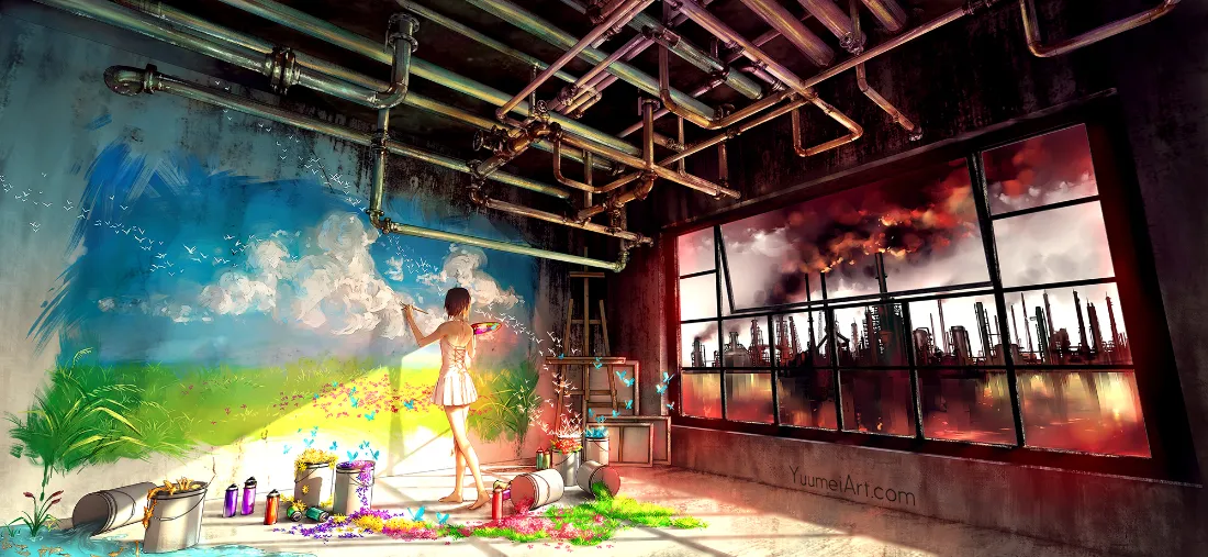2k手绘少女｜工业风房间背景图片 - 艺术「哲风壁纸」