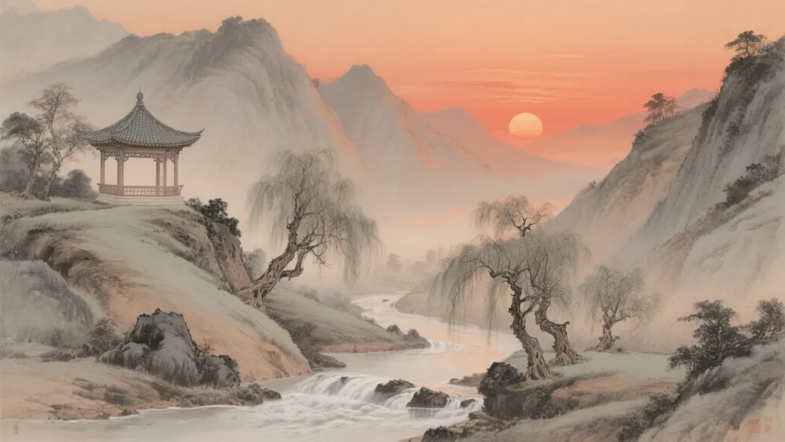 2k古风山水壁纸｜古风夕阳山头凉亭背景图「哲风壁纸」