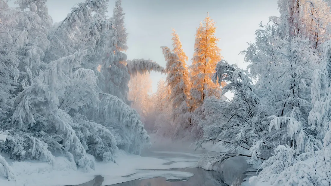4k雾凇森林壁纸｜冬日溪流背景图片 - 雪景「哲风壁纸」