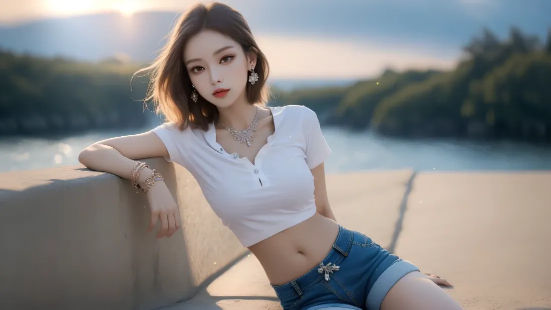 2k美女壁纸｜河边夕阳背景图片 - 清纯少女「哲风壁纸」
