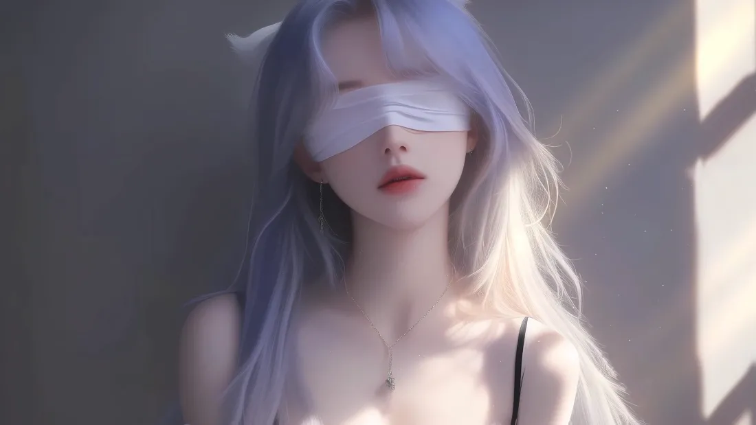 2k紫发蒙眼壁纸｜光影氛围背景图片 - 美女肖像「哲风壁纸」