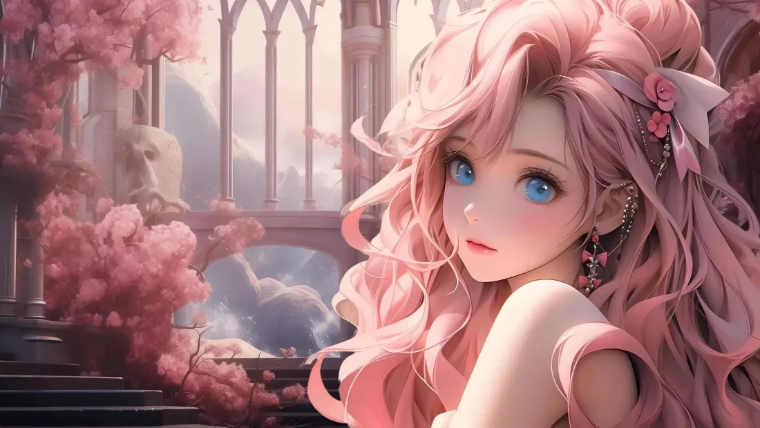 4k粉发少女壁纸｜梦幻城堡背景图片 - 可爱「哲风壁纸」