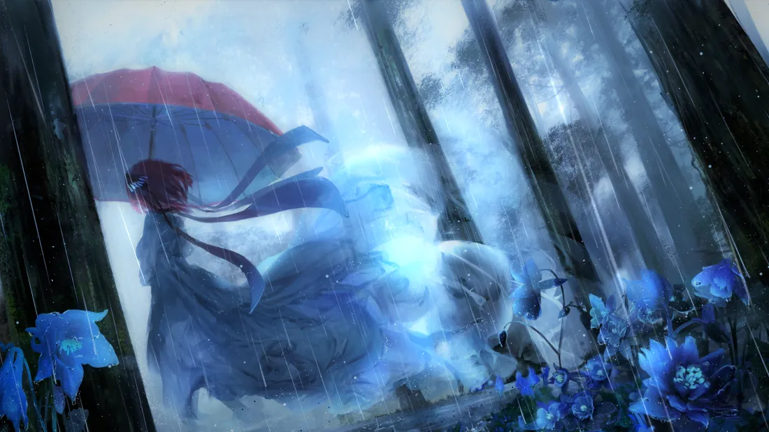 3k雨中少女壁纸｜蓝花森林背景图片 - 红伞「哲风壁纸」