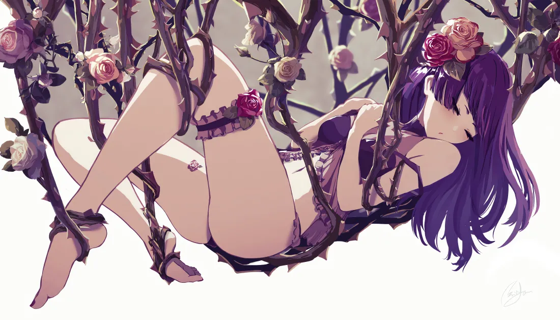 4k紫发少女壁纸｜藤蔓花卉背景图片 - 二次元「哲风壁纸」
