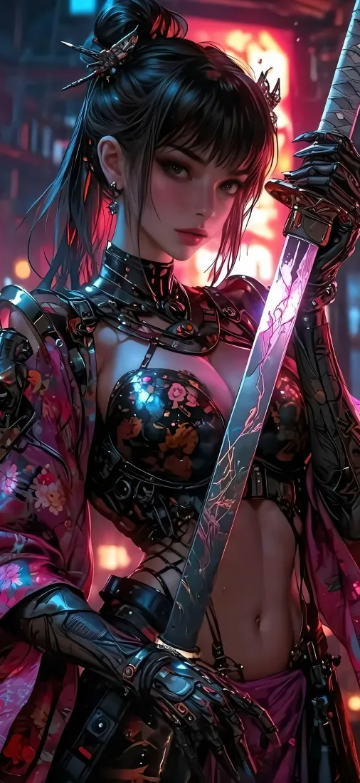 赛博朋克少女手机壁纸｜霓虹都市背景图片 - 2K竖屏「哲风壁纸」