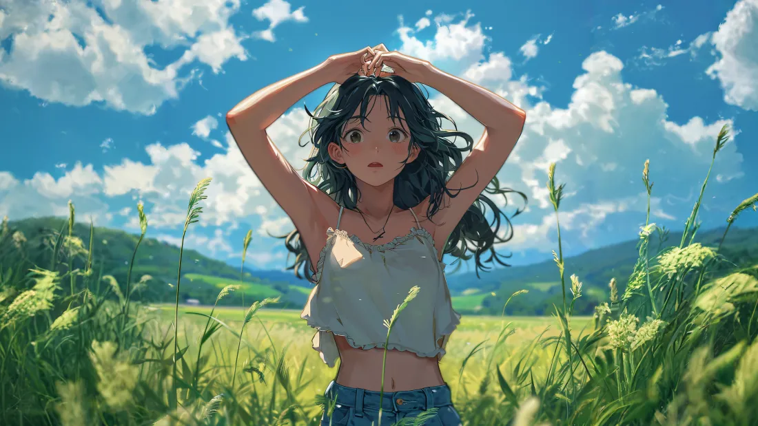 4k(阳光少女壁纸｜草地背景图片 - 吊带女孩)「哲风壁纸」