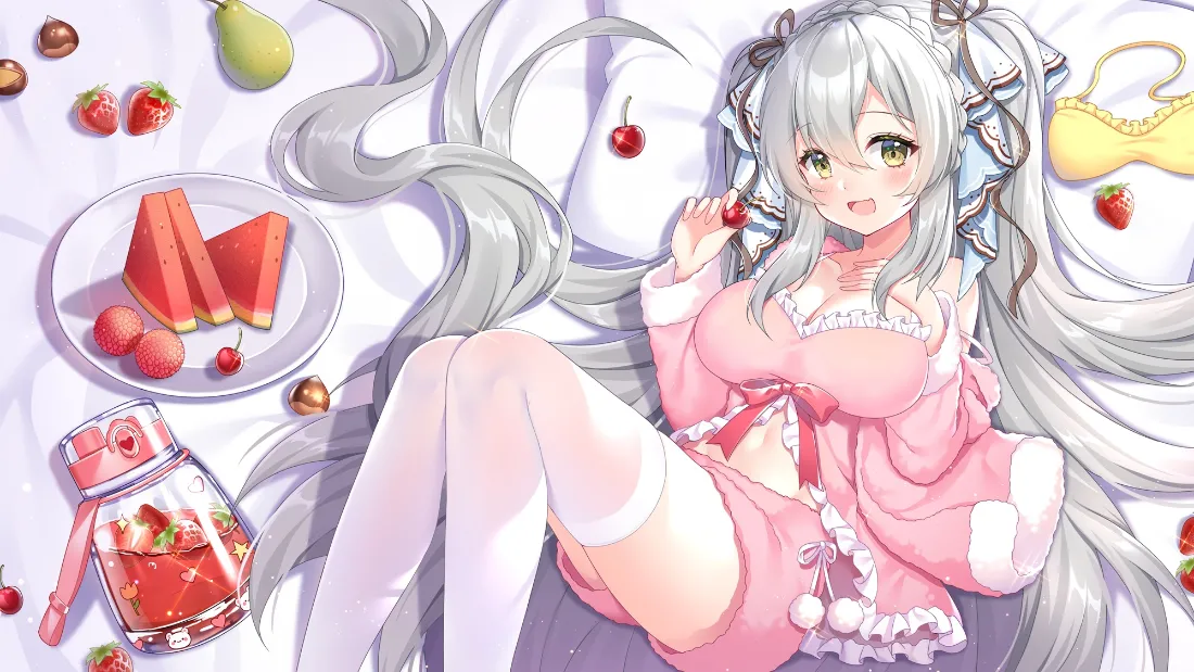 2k(银发少女壁纸｜夏日水果背景图片 - 白丝美少女)「哲风壁纸」