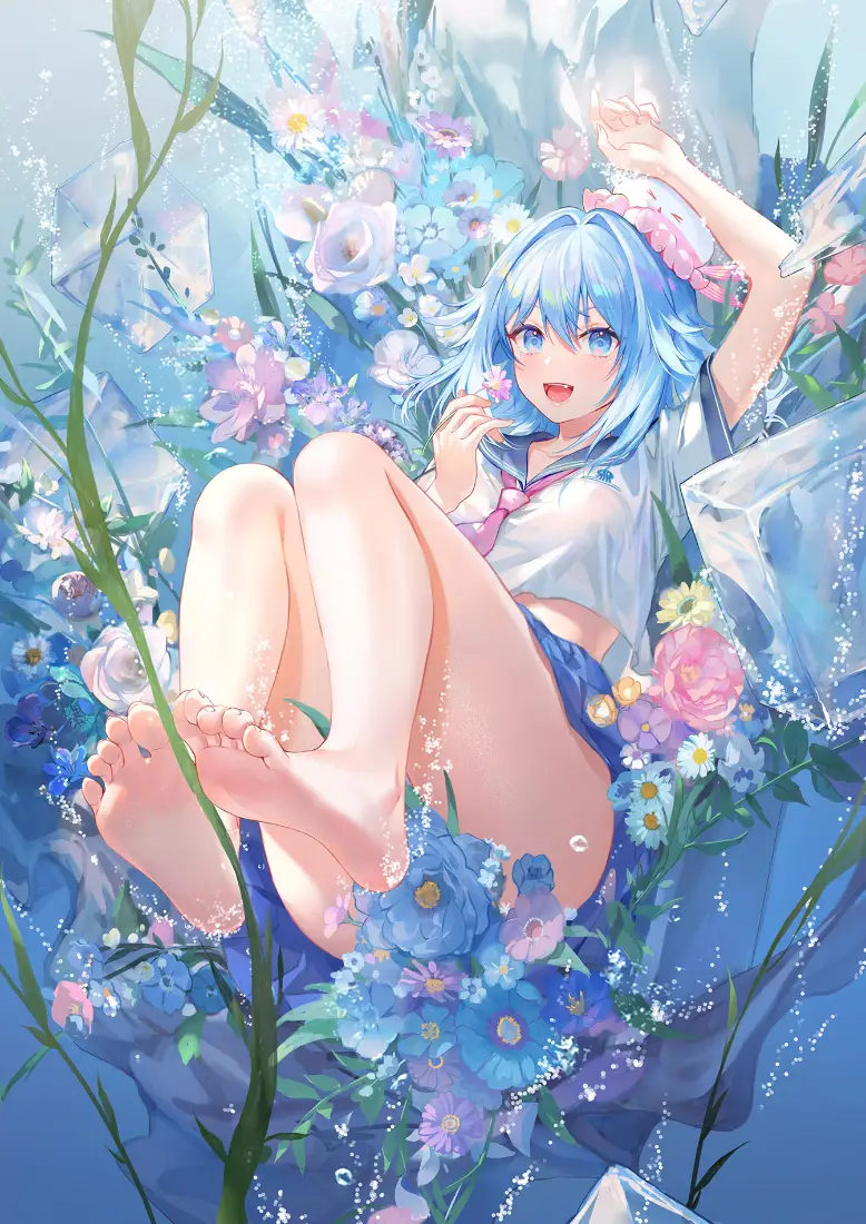 蓝发少女水影花境手机壁纸｜清新背景图片 - 插画「哲风壁纸」