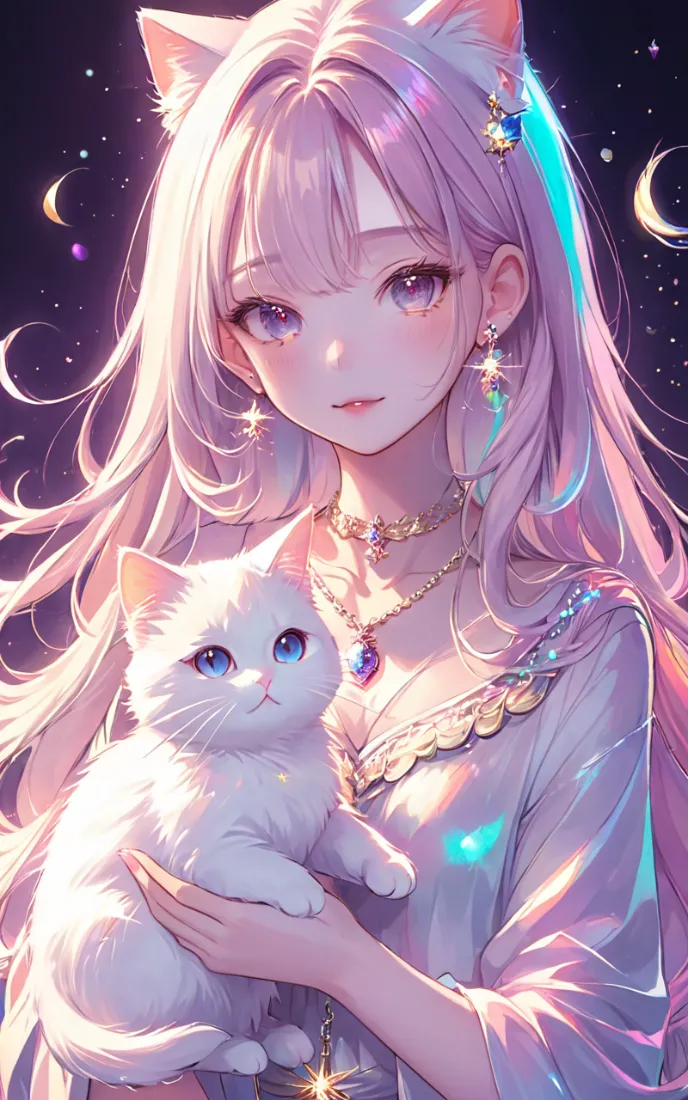 猫耳少女手机壁纸｜星空白猫背景图片 - 梦幻插画「哲风壁纸」